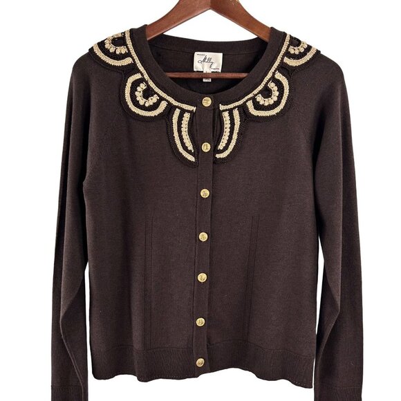 Milly of New York Cardigan Sweater Large Brown Silk Gold Crochet Embroidery Chic - Picture 6 of 15